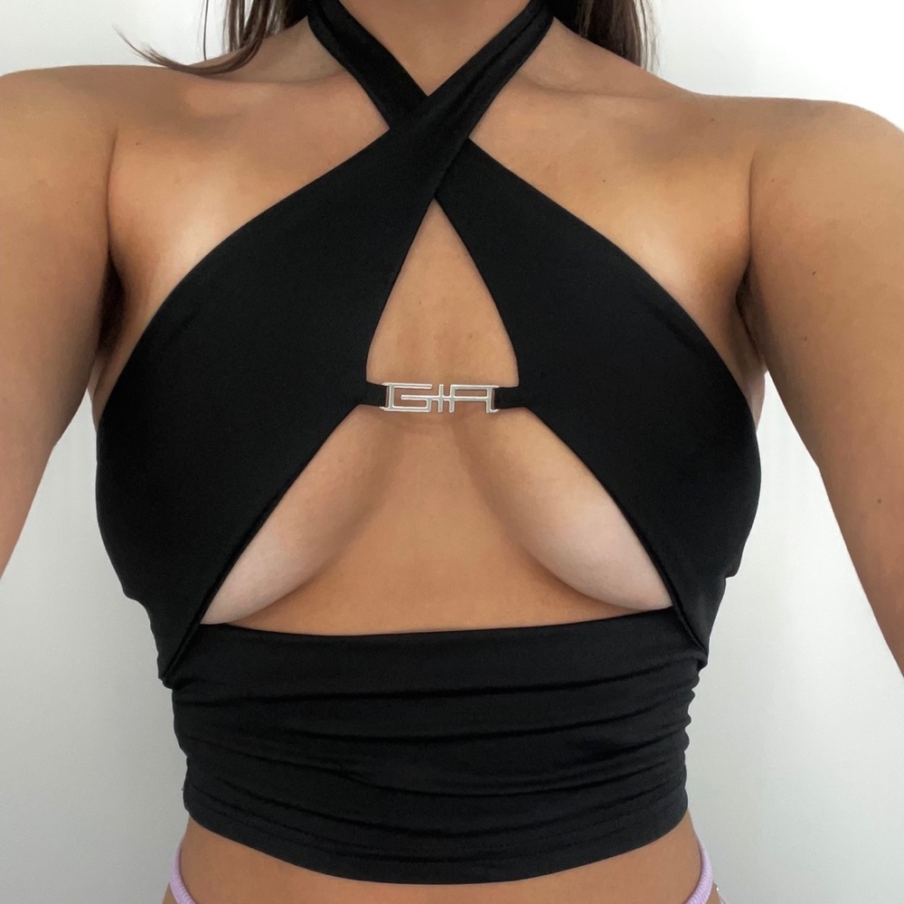 Metal Logo Halter Wrap Top